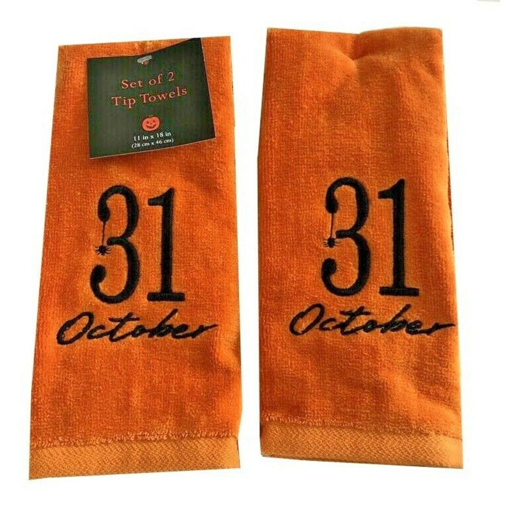 Halloween Fingertip Towels Cute 31 October Embroidered Orange Spider Set of 2
